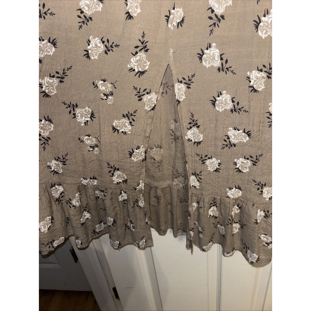 Bibi XL Tan Ivory Green Floral Midi Skirt Cottagecore Prairie Boho Slit Pull On - Picture 4 of 12
